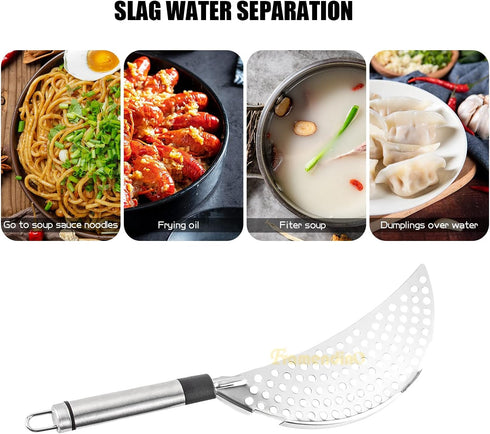 Framendino Stainless Steel Crescent Pot Strainer, Handle Strainer Pan for Noodles, Vegetables, Spaghetti
