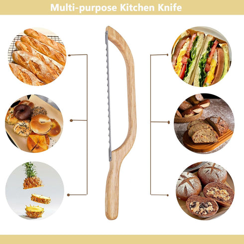 Wooden Bread Bow Knife, 15.7" Serrated Bagel Cutter for Homemade Bread, Kitchen Gift for Baker