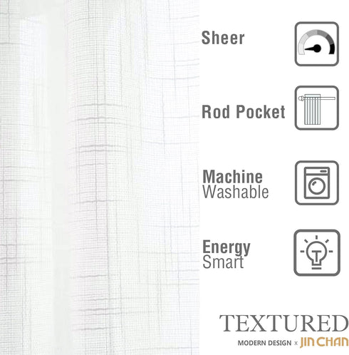 jinchan Linen French Door Curtain 40 Inches Long - Open Weave Semi-Sheer Decor - 1 Panel with Tieback, White