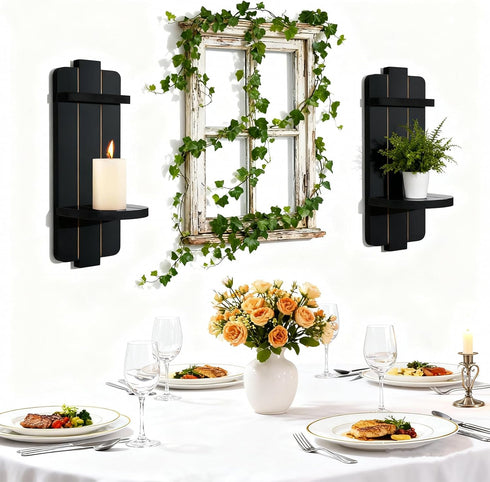 SUJUN Set 2 Rustic Candle Holder of Vintage Black Wooden Wall Sconces for Fireplace, Bedroom & Living Room Farmhouse