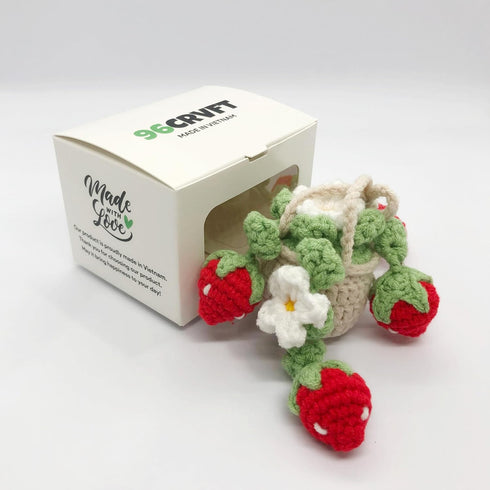 Cute Crochet Daisy Strawberry Hanging Plant, Aesthetic Rear View Mirror Ornament for Car, Handmade Decor Gift