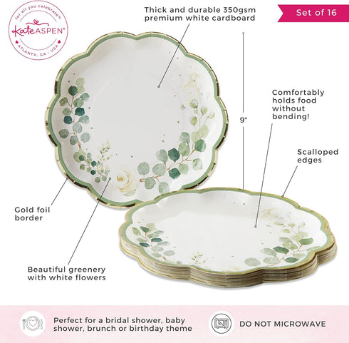 Kate Aspen Sage Green Party Decorations - Eucalyptus Floral 9 in. Decorative Paper Plates (Set of 16) for Baby Showers
