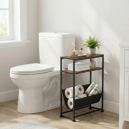 2-Tier Narrow End Table with Magazine Rack, Slim Side Table for Small Spaces, Industrial Nightstand with Storage Sling