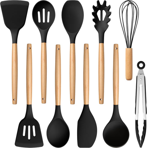 E-far Silicone Cooking Utensils Set, 10-Piece Black Kitchen Tools with Wooden Handle