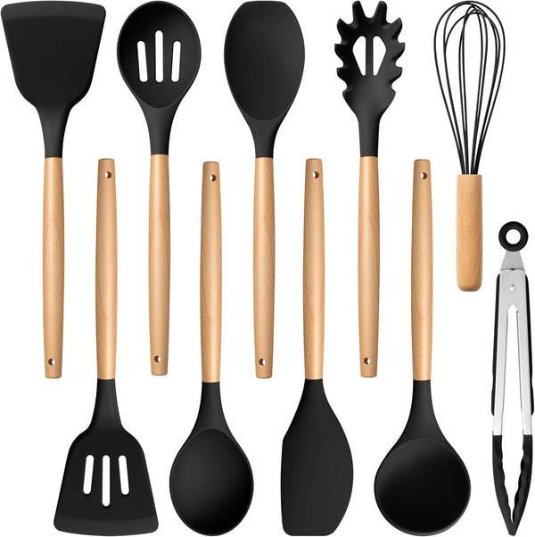 E-far Silicone Cooking Utensils Set, 10-Piece Black Kitchen Tools with Wooden Handle