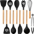 E-far Silicone Cooking Utensils Set, 10-Piece Black Kitchen Tools with Wooden Handle