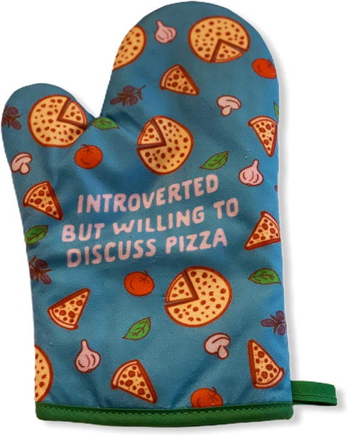 Introverted But Willing to Discuss Pizza Funny Graphic Kitchen Accessories, Cool Food Novelty Cookware Blue Oven Mitt