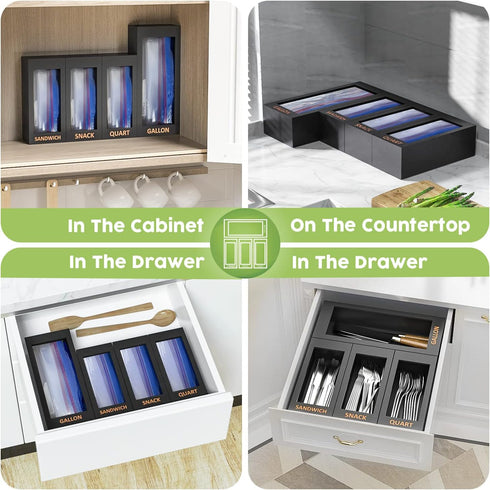 DALSHABET Bamboo Storage Bag Organizer for Kitchen Drawer, 4 Separate Food Storage Bag Organizer, 12x14 Baggie