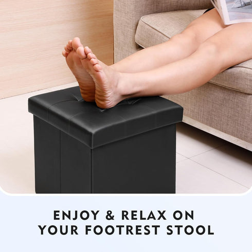 12.6"X12.6"X12.6" B FSOBEIIALEO Folding Storage Ottoman Cube Footrest Faux Leather for Living Room Seat Chest Black