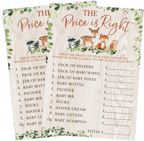 Printed Party Baby Shower Games – The Price is Right Game, Woodland Forest Animals Theme, 50 Cards
