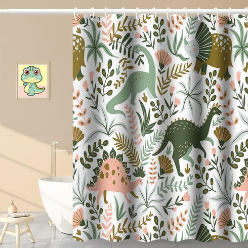 72x78 Inch Dinosaur Themed Bathroom Shower Curtain Green Dino Tropical Leaves with Hooks Waterproof Fabric Polyester
