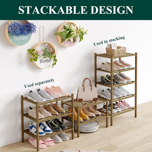 2-Tier, Closet, Smiry Small Bamboo Shoe Rack Stackable Wooden Shoe Organizer for Entryway & Free Standing Wood Shoe