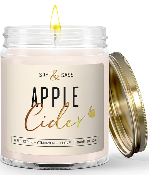 Apple Cider Candle - Fall Scented Candle with Essential Oils - 9oz Reusable Jar, 50Hr Burn, Made in USA