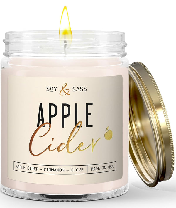 Apple Cider Candle - Fall Scented Candle with Essential Oils - 9oz Reusable Jar, 50Hr Burn, Made in USA