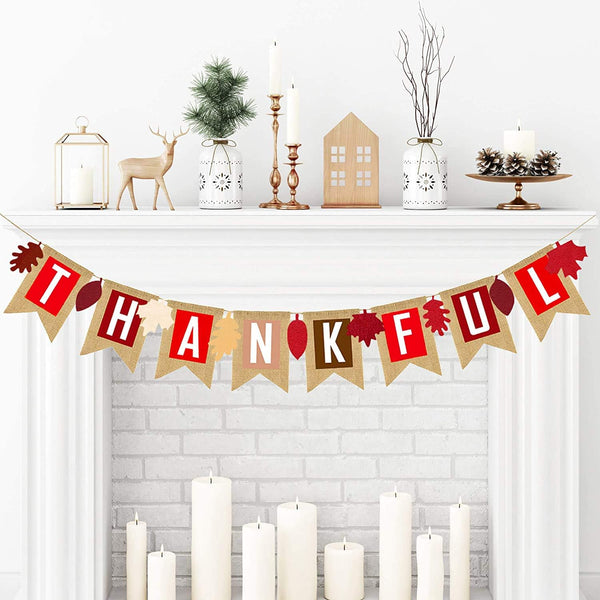 Thankful Burlap Banner Fall Autumn Maple Leaves Rustic Harvest Banner for Home Office School Party Decor
