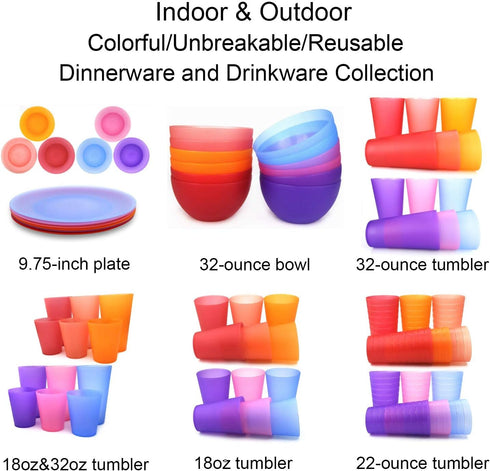 Set of 12 Plastic Bowls - Unbreakable 32oz/6 inch Cereal/Soup/Salad Bowls in 6 Assorted Colors | BPA Free, Dishwasher