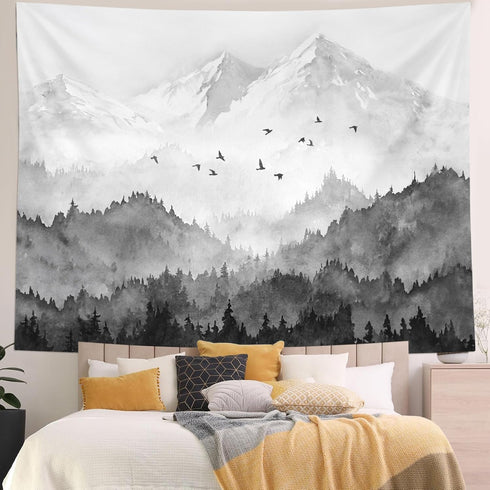 kampdream Mountain Forest Tapestry, Misty Foggy Black and White Tree Landscape Watercolor Art Wall Tapestries, Nature Scenery Tapestry for Bedroom Living Room Backdrop 60×80 inch