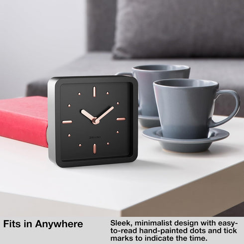 Driini Modern Mid Century Desk & Shelf Clock (Black Rose Gold) - Battery Operated with Silent, Analog Movement Small