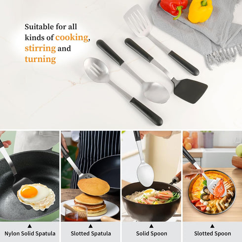 Stainless Steel Cooking Utensils Set - 4-Piece Kitchen Set with PP Handles, Dishwasher Safe, Non-Stick Spoons & Spatula