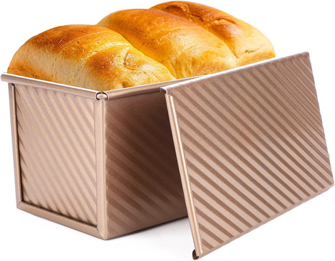 Beasea Carbon Steel Pullman Loaf Pan with Lid, Non-Stick Bakeware for Baking Bread, Gold Toast Box Mold