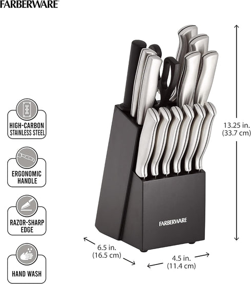 Farberware 15-Piece High-Carbon Stamped Stainless Steel Kitchen Knife Set with Wood Block