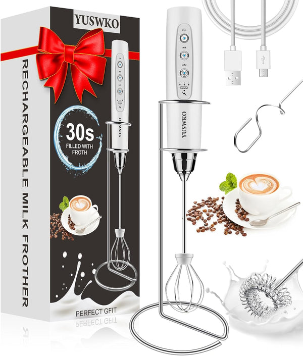 YUSWKO Handheld Milk Frother for Coffee with Stand, Rechargeable Drink Mixer, 3 Heads, 3 Speeds