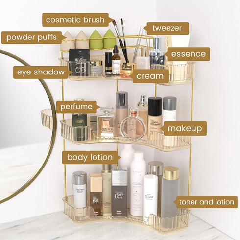 NATURE'S SOURCE Amber Gold Makeup Organizer, 3-Tier Corner Bathroom Countertop Storage with Makeup Brush Holder