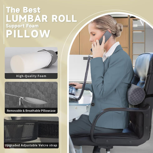 Lumbar Roll Pillow for Lower Back, Foam Roll Cushion with Pillowcase and Strap for Office Chair Car Pain Relief