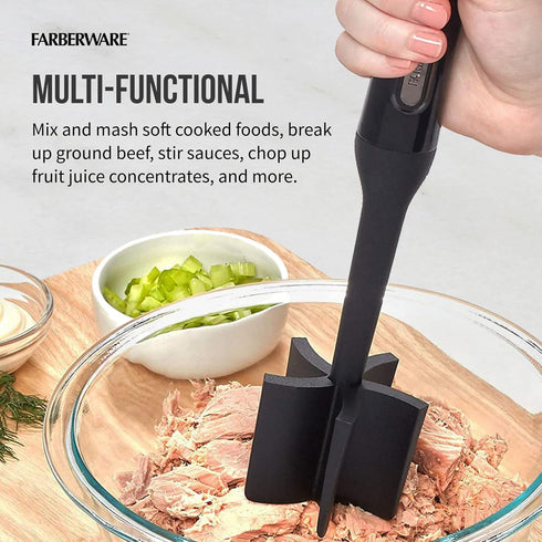 FARBERWARE Nylon Meat & Potato Masher, Heat-Resistant Kitchen Tool, 10-Inch Durable with Ergonomic Handle, Black