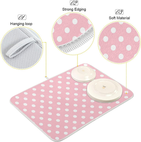 Pink White Polka Dot Dish Drying Mat for Kitchen Counter, 18 x 24 Inch Absorbent Microfiber Drainer Mat