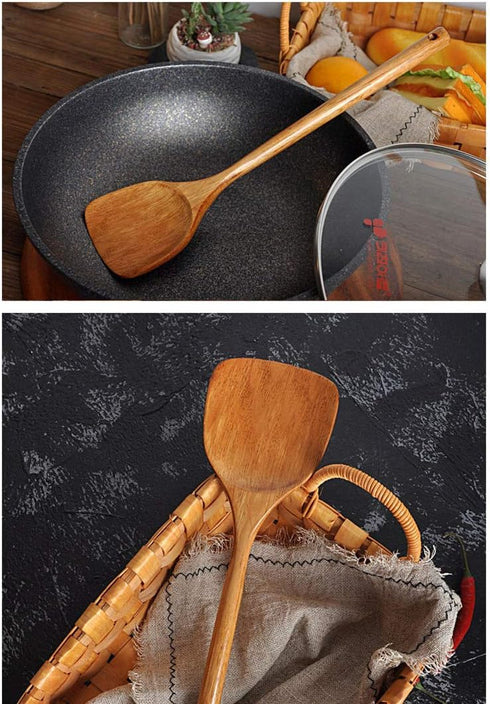 FJNATINH Wooden Spatula with Long Handle for Cooking - Kitchen Cookware