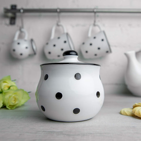 City to Cottage Ceramic Sugar Bowl with Lid - 10oz Sugar Container for Coffee Bar, Handcrafted White & Black Polka Dot