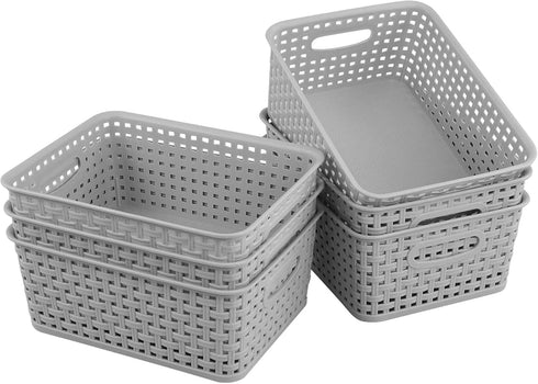 6-Pack Plastic Weave Storage Basket Sets, Light Gray