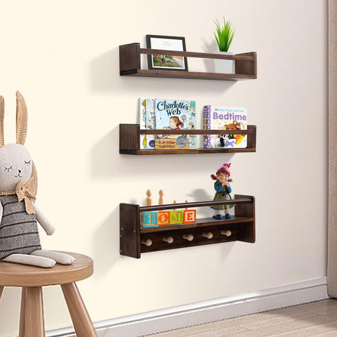16 Inch Set 3 AZSKY Nursery Book Shelves Wall Floating Bookshelf with Hook Deep Walnut Hanging Book Shelf Toddler Room