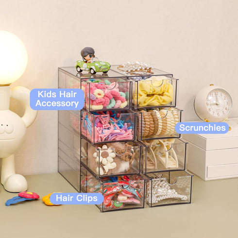 FABROK Clear Hair Accessory Organizer Box - 4 Drawer Compact Storage Set for Cosmetics, Glasses, Stationery, Stackable