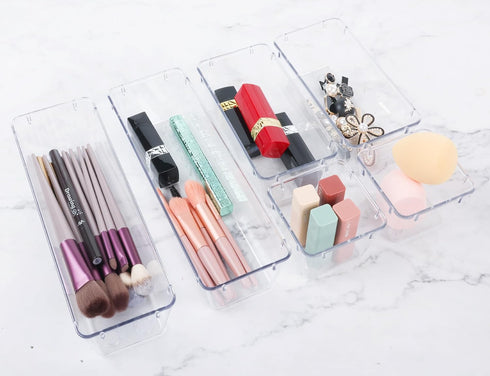 6 Pack Clear Plastic Drawer Organizer Set, Desk Drawer Storage Bins, Clear Organizer Tray