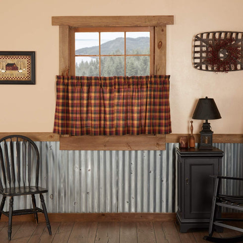 VHC Brands Primitive Kitchen Window Curtains - Heritage Farms Tier Pair, L24 x W36, Deep Burgundy Red