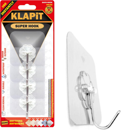 KLAPiT Super Hook, Heavy-Duty Adhesive Wall Hooks, Holds Up to 11 lbs, 4pc