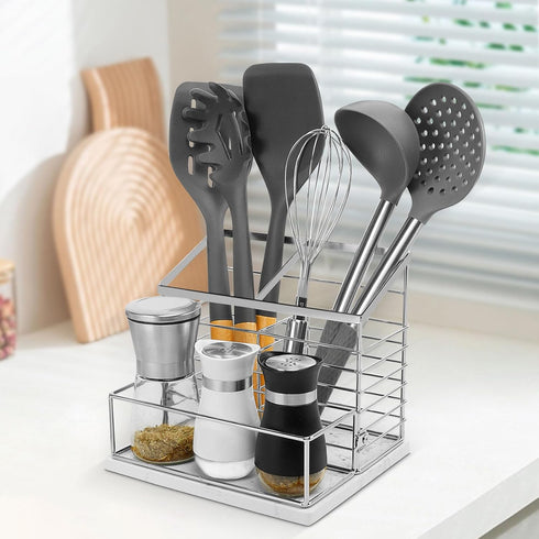 Utensil Holder for Kitchen Counter, Metal Rack with Salt and Pepper Shakers, Large Organizer