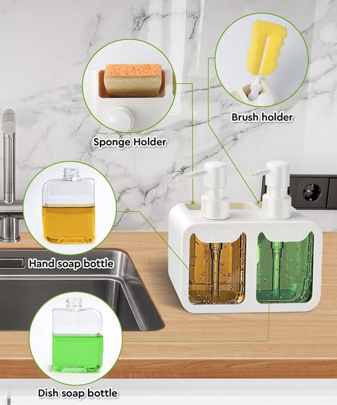 kitchen Hand Soap and Dish Soap Dispenser Set, Dual Soap Dispenser with Sponge Caddy and Brush Holder 4-in-1 Organizer for Kitchen Sink Countertop, Useful Kitchen Gadgets - White by Bestseek