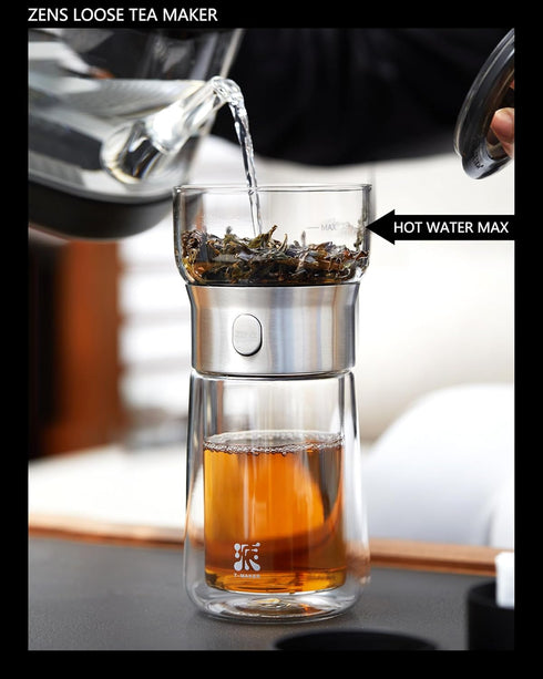 ZENS Modern Glass Tea Infuser Teapot, Smart One Touch Tea Maker for Loose Tea Diffusers with Insulated Mug and Portable