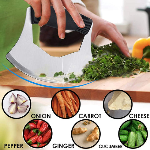 KAYCROWN Mezzaluna Knife: Pizza Cutter Salad Chopper - Stainless Steel Sharp Rocker Ulu Knife with Cover