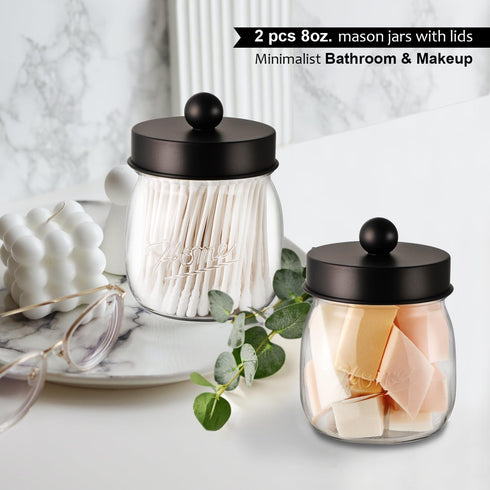 Farmhouse Decor Apothecary Jar Set,Mason Jar Bathroom Vanity Storage Organizer Canister - Qtip Holder Plastic Acrylic Jar for Cotton Swabs,Cotton Pads,Floss Picks,Paper Clips,Hair Clips(4 Pack,Bronze) by SheeChung