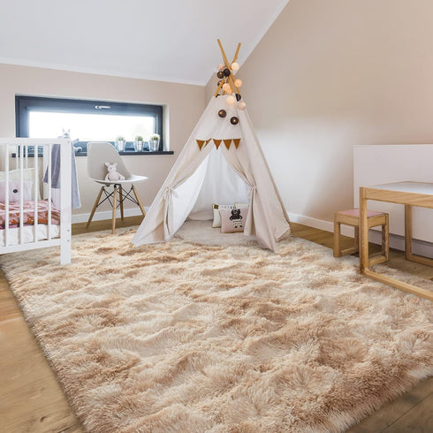 Hutha 5x8 Large Area Rugs for Living Room, Super Soft Fluffy Modern Bedroom Rug, Tie-Dyed Beige Indoor Shag Fuzzy