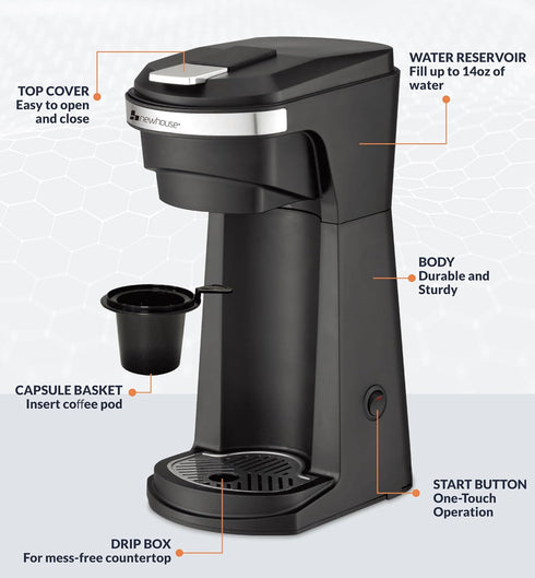 Newhouse Hardware Single Serve Coffee Maker, Compatible with K-Cups and Ground Coffee, Adjustable Tray