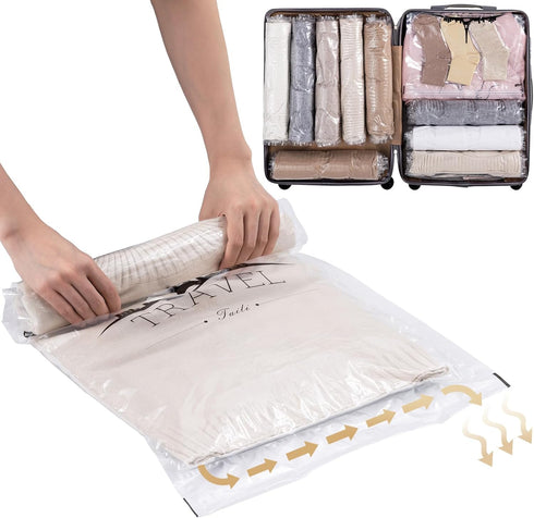 TAILI Travel Compression Bags 12 Pack, Clear Roll Up Space Saver Bags (6 Large, 6 Medium), Reusable Packing Bags for
