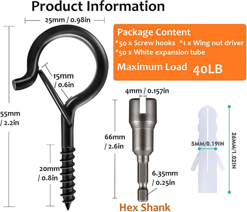 50 PCS Q-Hanger Screw Hooks with Safety Buckle Design - Christmas Lights Hanger Hooks for Outdoor Wire Fairy Lights