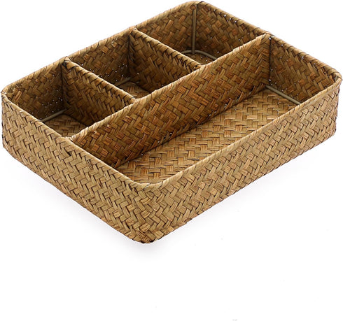 BTSKY Desk Drawer Organizer Tray, Handwoven Seagrass Storage Basket with 4 Divided Sections for Coffee
