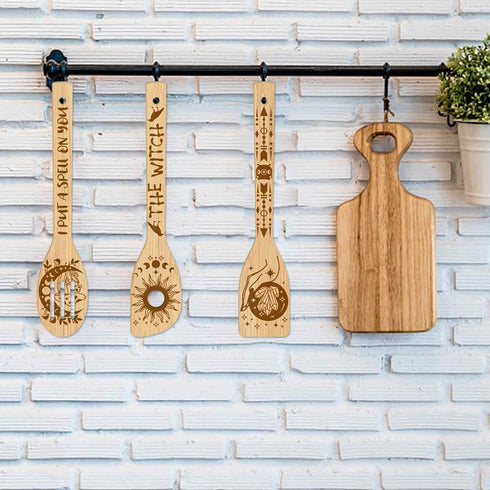GLOBLELAND 6Pcs Magic Divination Bamboo Cooking Utensils Set, Engraved Wooden Spoons for Kitchen Gift