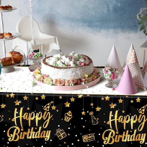 Ruisita 2 Pack Black Gold Table Cloth Cover, Happy Birthday Tablecloths for Indoor or Outdoor Parties